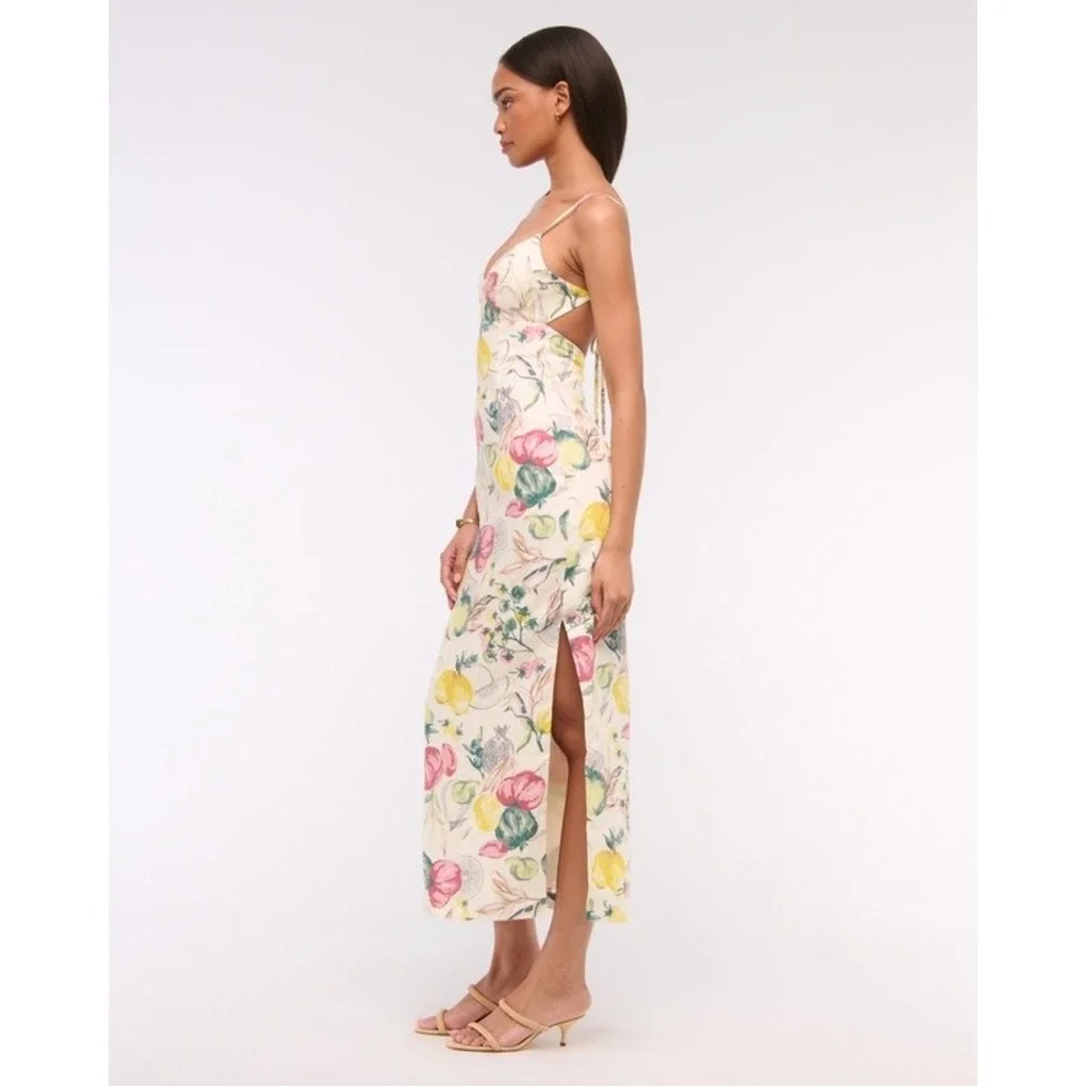 Abercrombie‎ & Fitch Premium Linen Cutout Midi Dress Vegetable Print Cream Med P